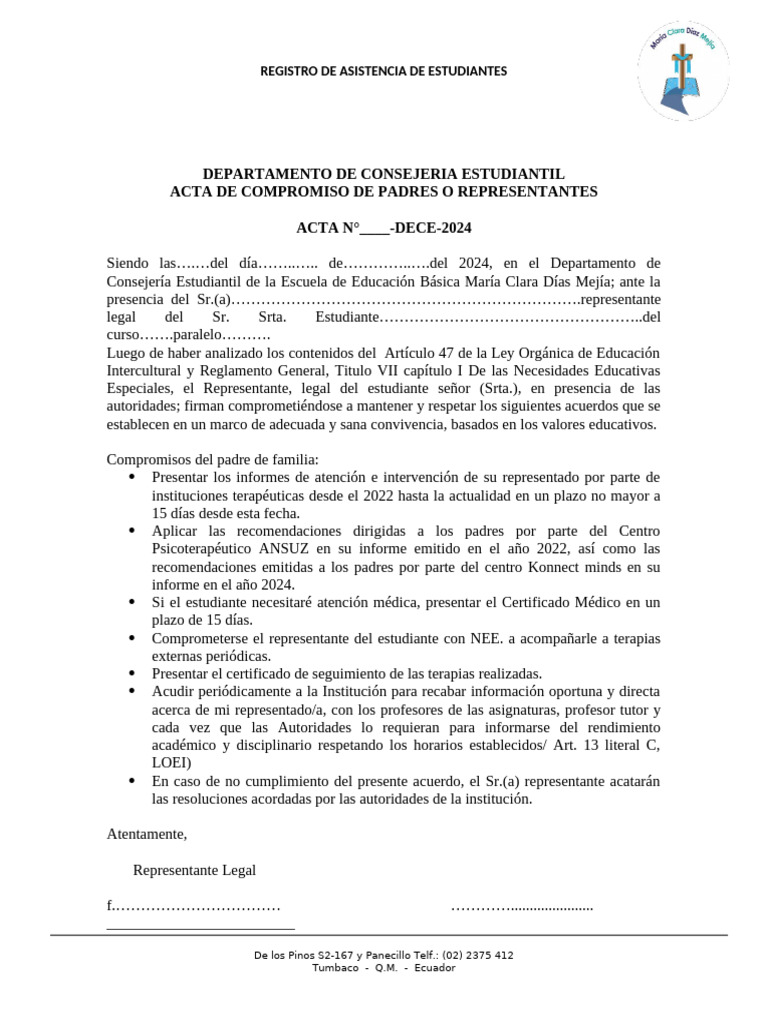 Acta de Compromiso de N.E.E | PDF | Finanzas y dinero | Derecho