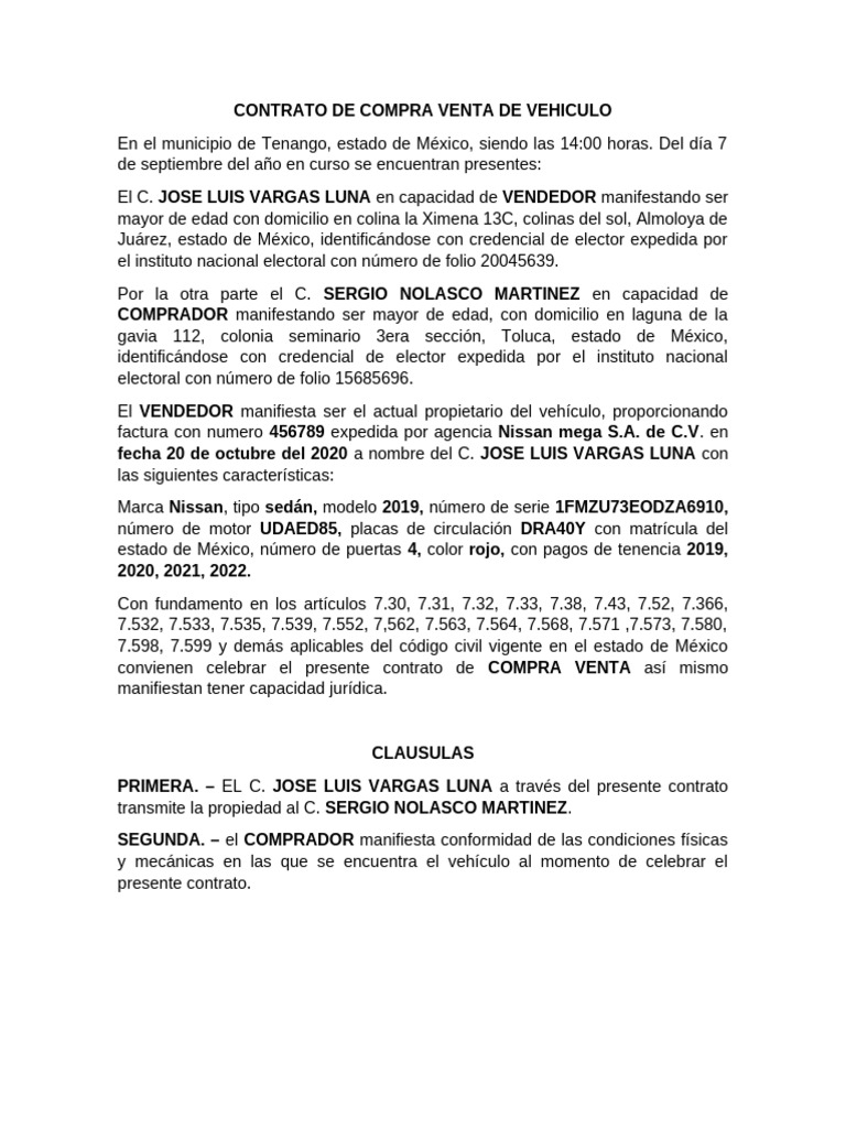 Contrato de Compra Venta de Vehiculo | PDF | Ley común | Derecho civil ...