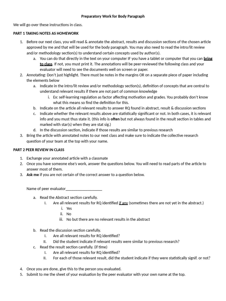 Preparatory Work For Body Paragraph | PDF | Cognition