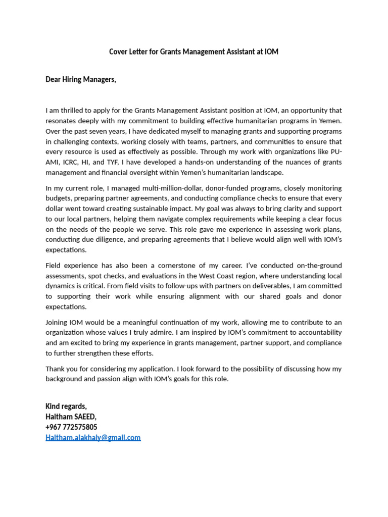 Cover Letter For Grants Management Assistant at IOM | PDF | Business