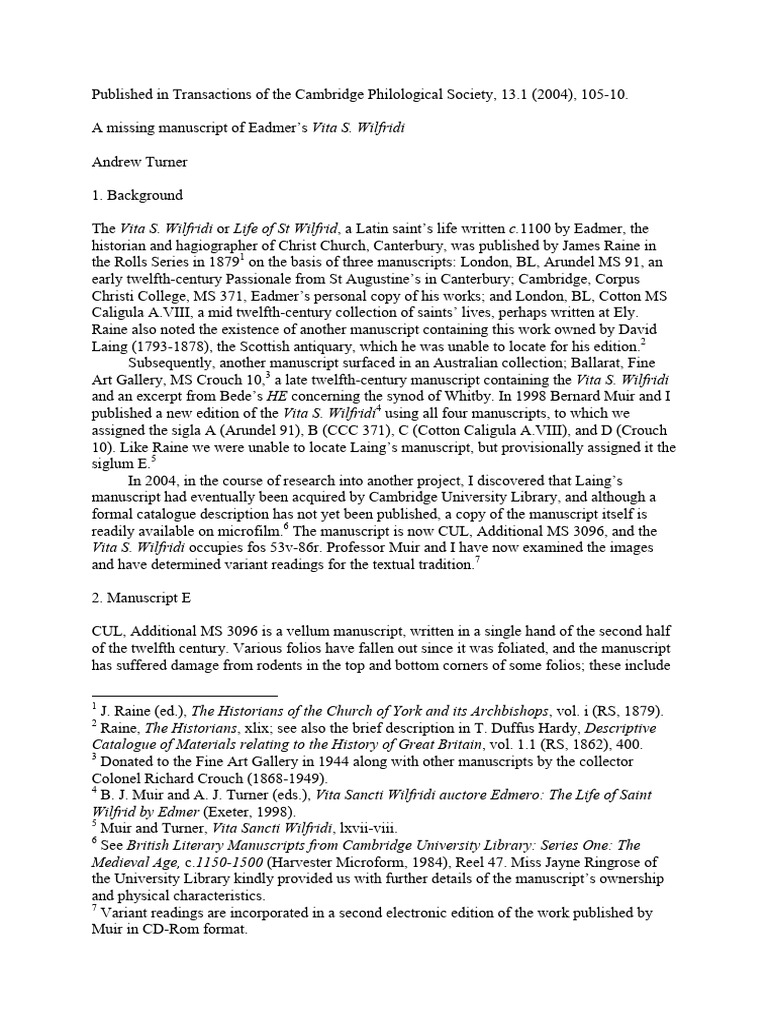 A Missing Manuscript of Eadmers Vita S W | PDF