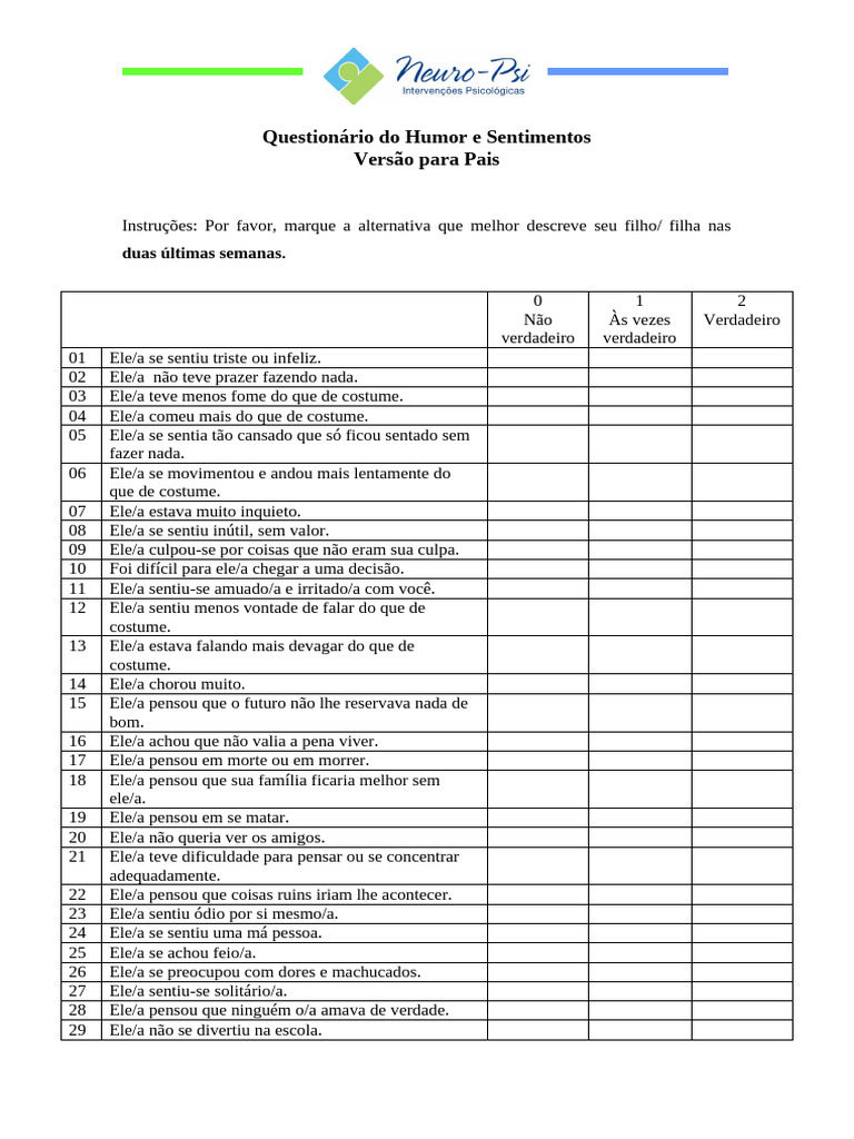 Questionário de Humor Infantil para Pais | PDF