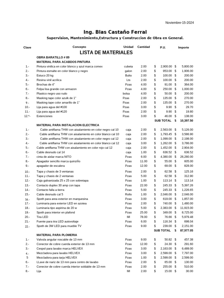 Lista de Materiales para Construcción 2024 | PDF | Ingeniería de ...