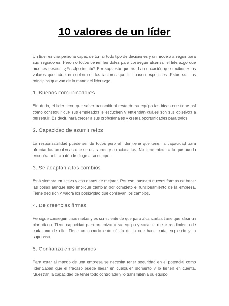 10 Valores Clave de un Líder Efectivo | PDF | Liderazgo | Business