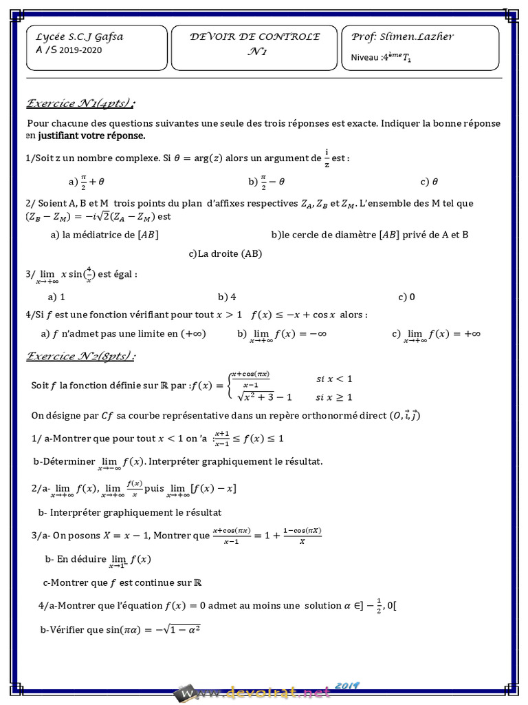 Devoir de contrôle n°1 Mathématiques Bac Tech | PDF