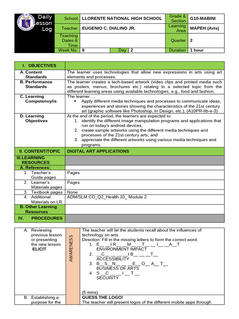 Digital Art Applications Lesson Plan | PDF | Rubric (Academic) | Camera