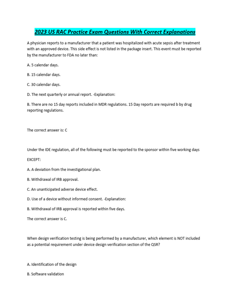 2023 RAC Exam Practice Questions | PDF | Food And Drug Administration ...
