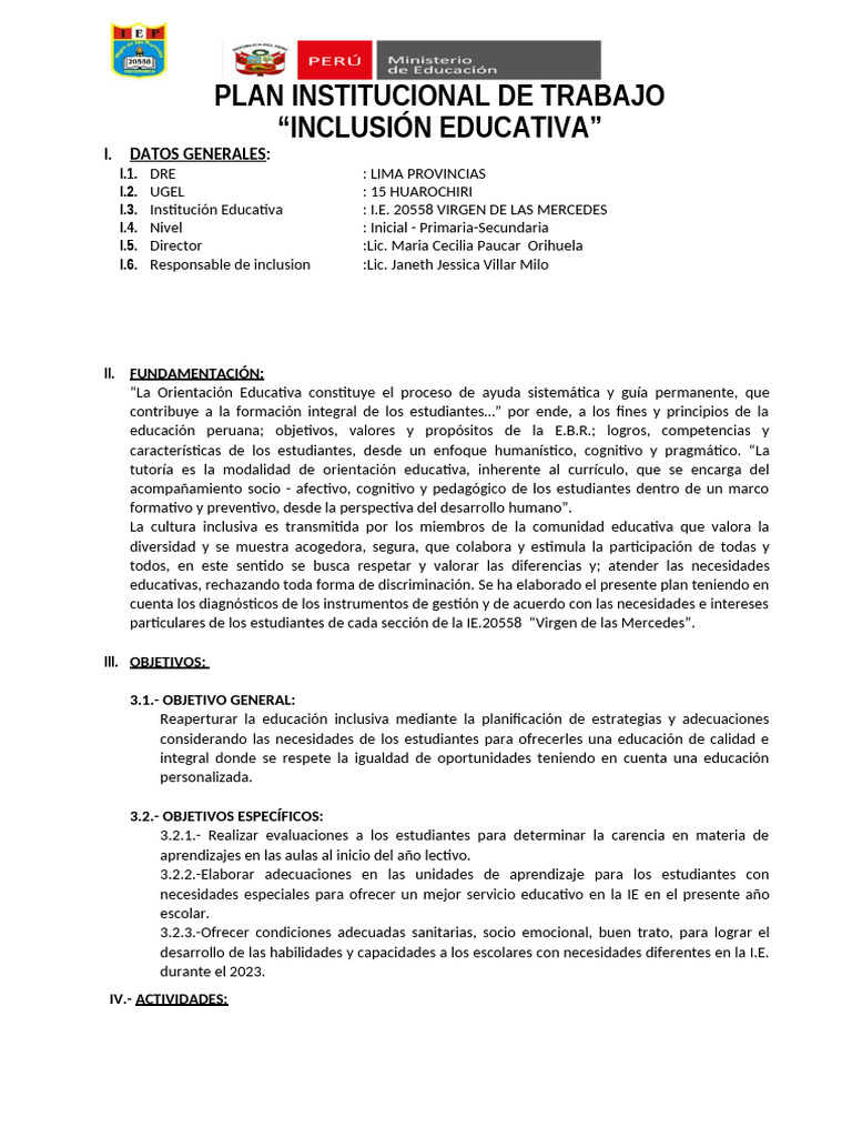 PLAN DE INCLUSION EDUCATIVA - Docx VIRGEN DE LAS MERCEDES | PDF ...