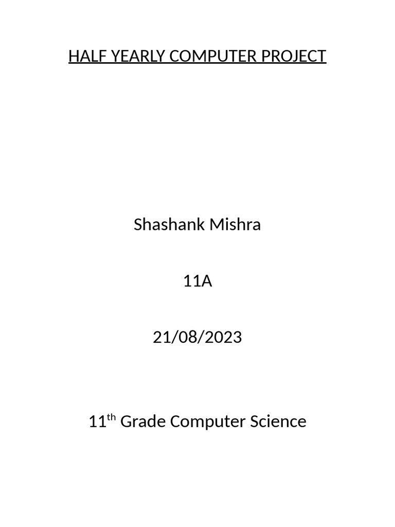Half Yearly Computer Project 11 | PDF | Integer (Computer Science ...
