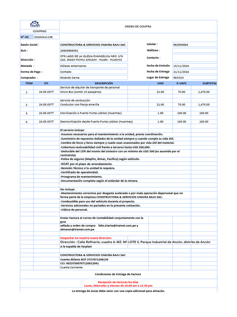 Orden de Compra para Servicios de Transporte | PDF