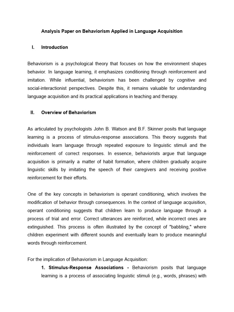 ADZU-Behaviorism On Language Acquisition | PDF | Behaviorism | Language ...