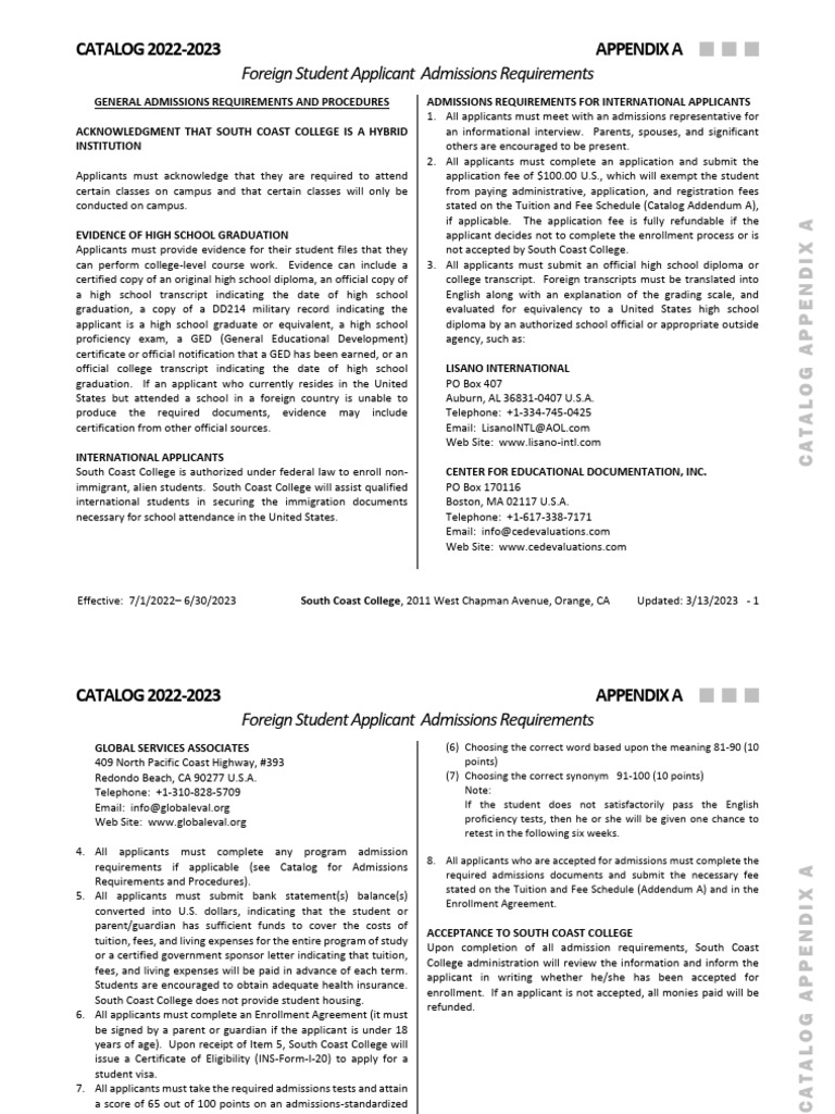 APPENDIX A Foreign Student Applicant Admissions Requirements | PDF ...