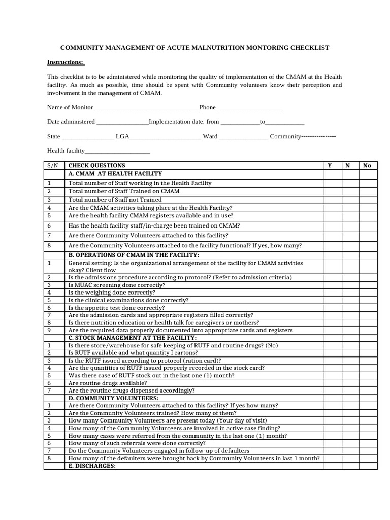 CMAM Monitoring Checklist Overview | PDF | Health Care