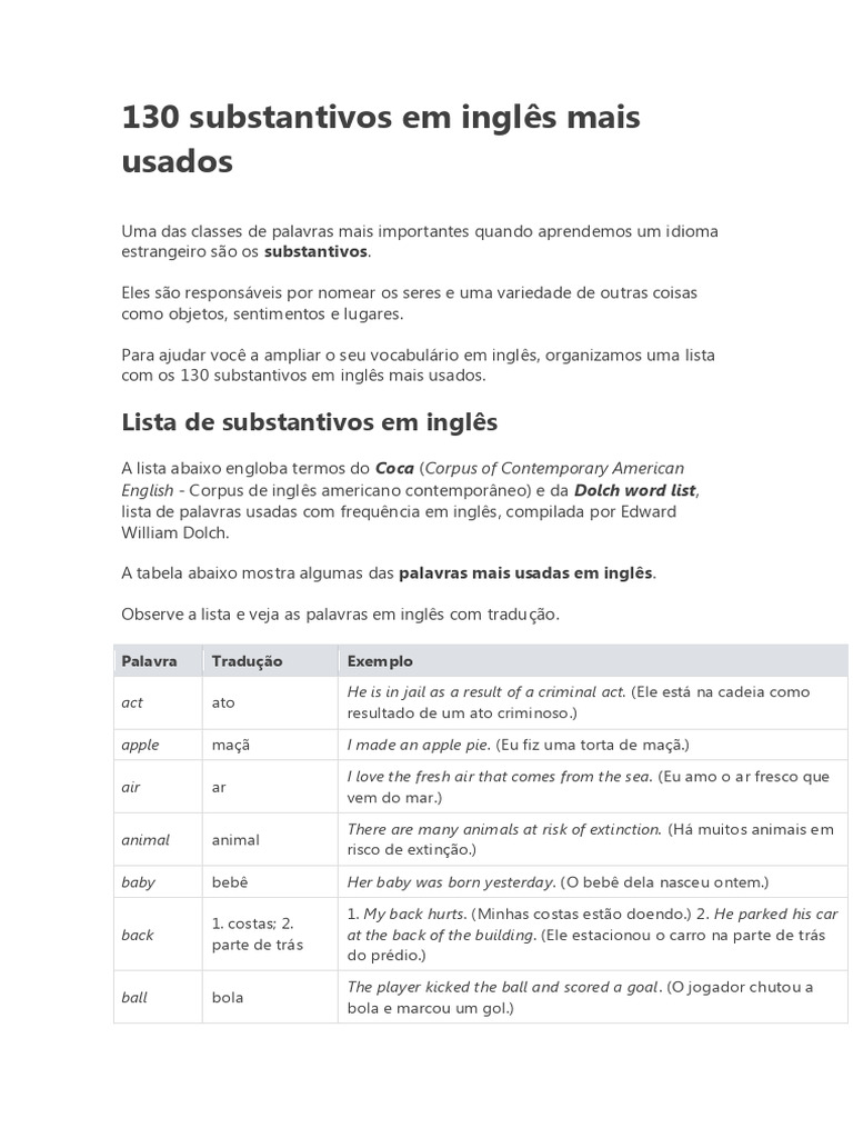 130 Substantivos Comuns em Inglês | PDF | Língua inglesa