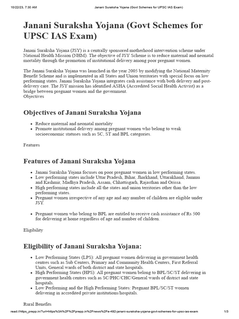 Janani Suraksha Yojana (Govt Schemes For UPSC IAS Exam) | PDF | Public ...