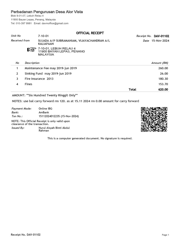 Receipt DAV-01102 | PDF