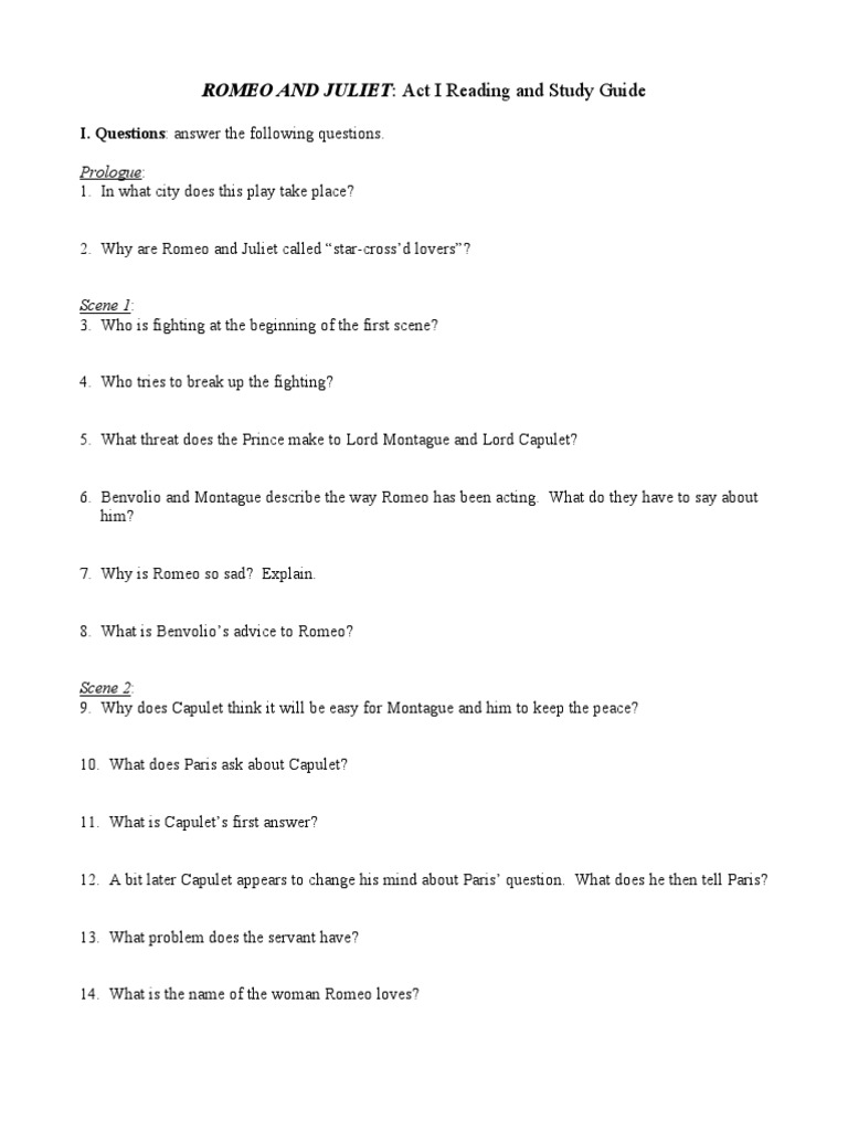 Romeo and Juliet, Act 1 Study Guide PDF Characters In Romeo And