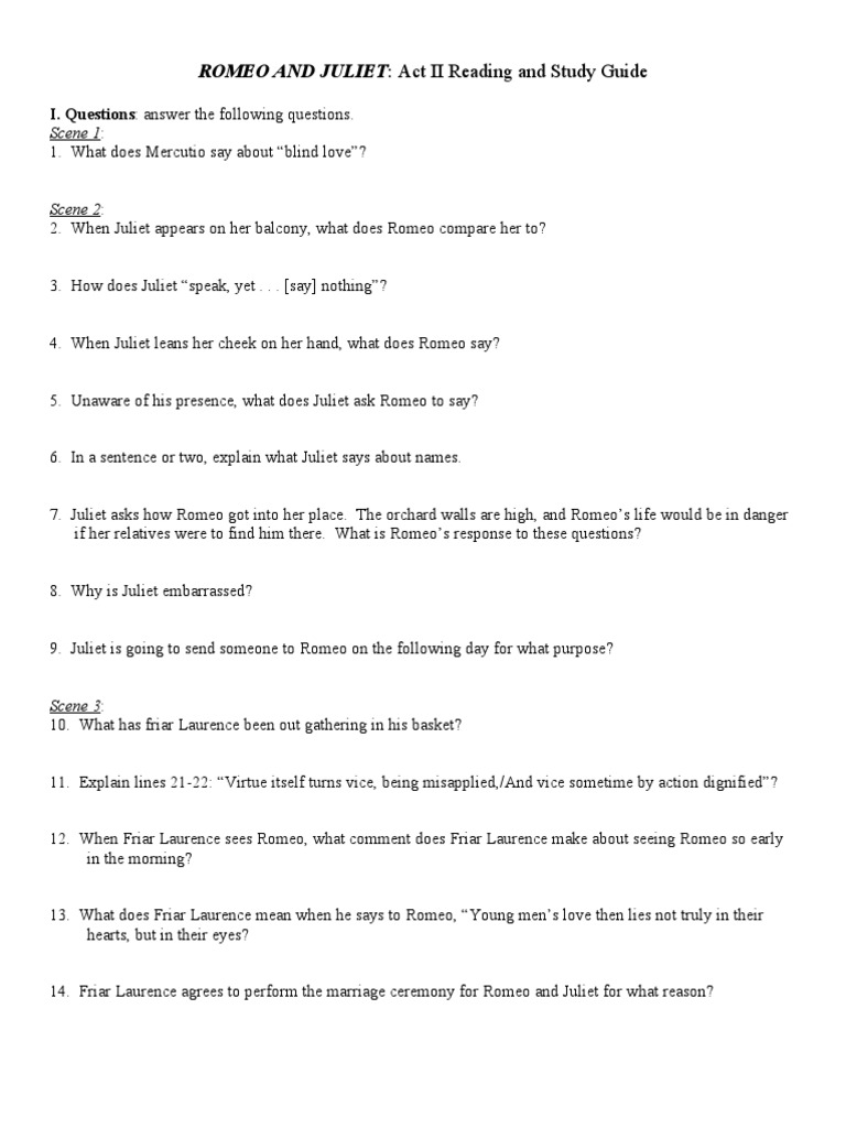 Romeo And Juliet Study Guide Questions And Answers Act 2