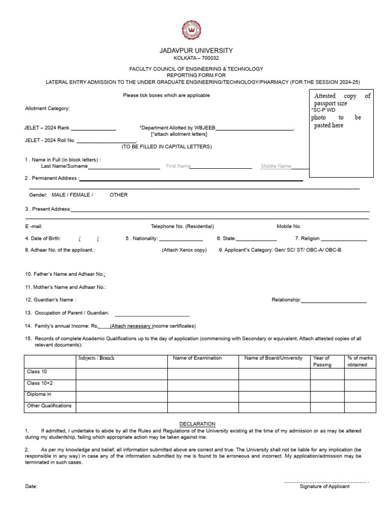 FET-UG-Lateral Entry - Admission - Form-2024 | PDF