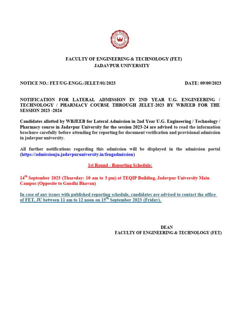 JELET 2023 Lateral Admission Notice | PDF