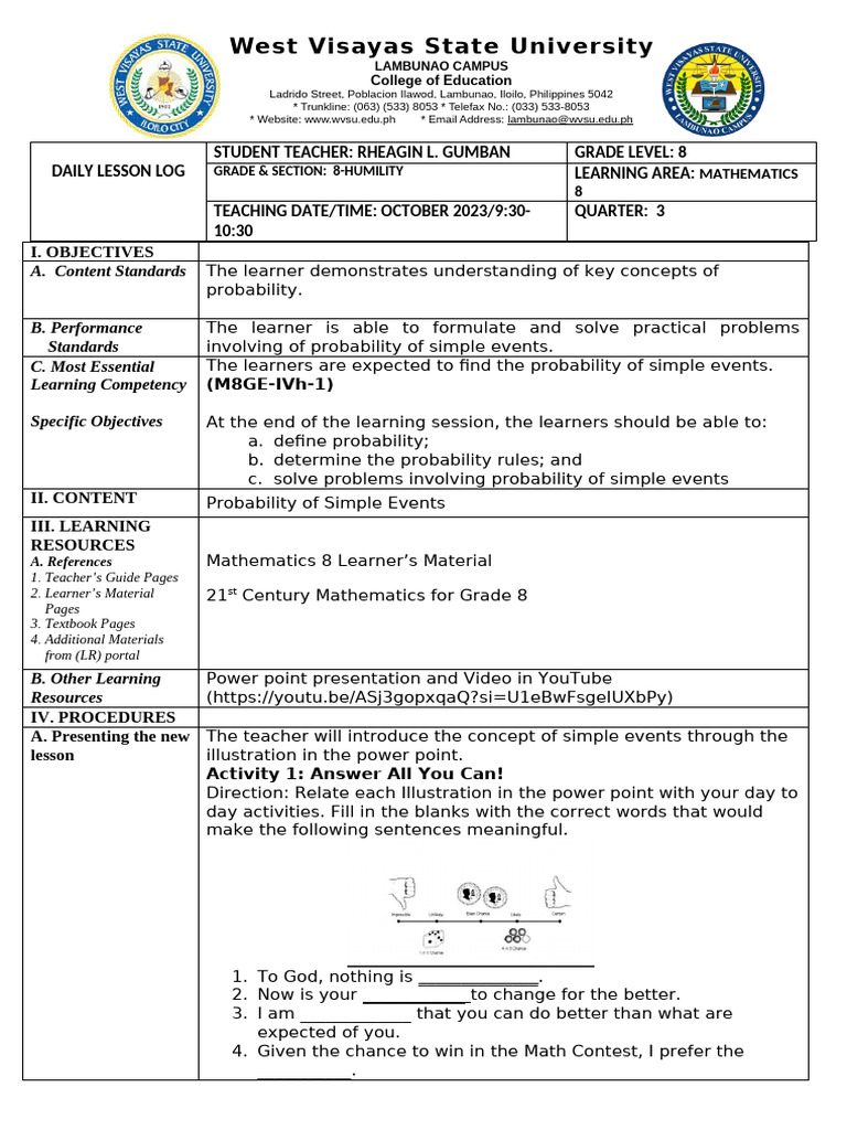 My lesson plan | PDF | Probability | Behavior Modification