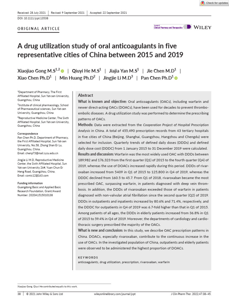 Oral Anticoagulant Use in China (2015-2019) | PDF | Thrombosis | Health ...