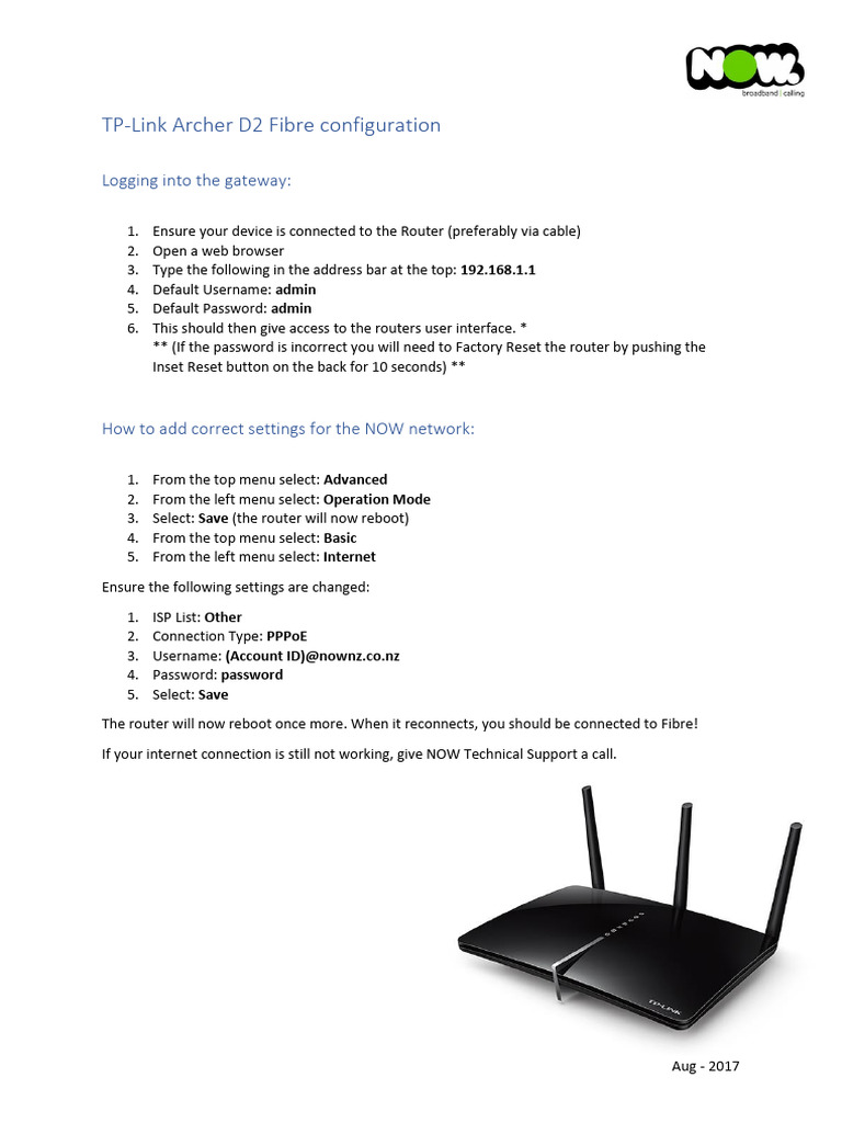 TP-Link Archer D2 Fibre Setup Guide | PDF