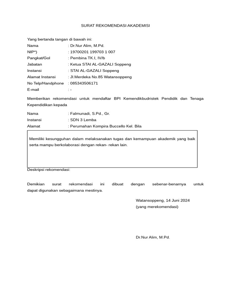 Surat Rekomendasi Akademisi STAI Al-Gazali | PDF