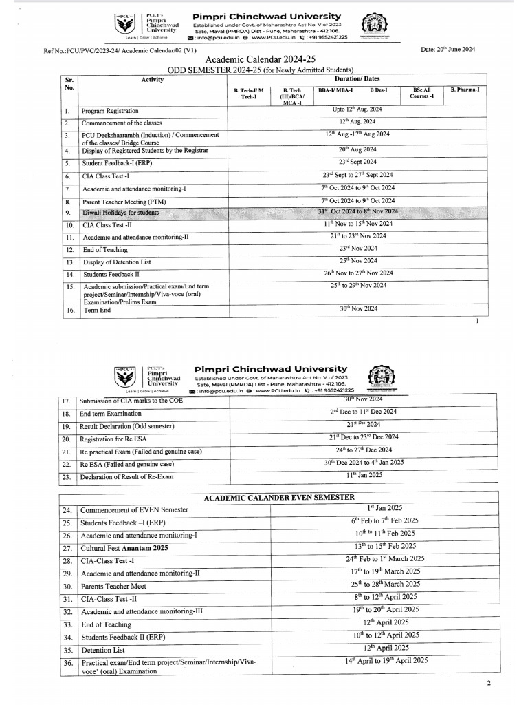 Academic Calendar 1st Year 2024 25 | PDF