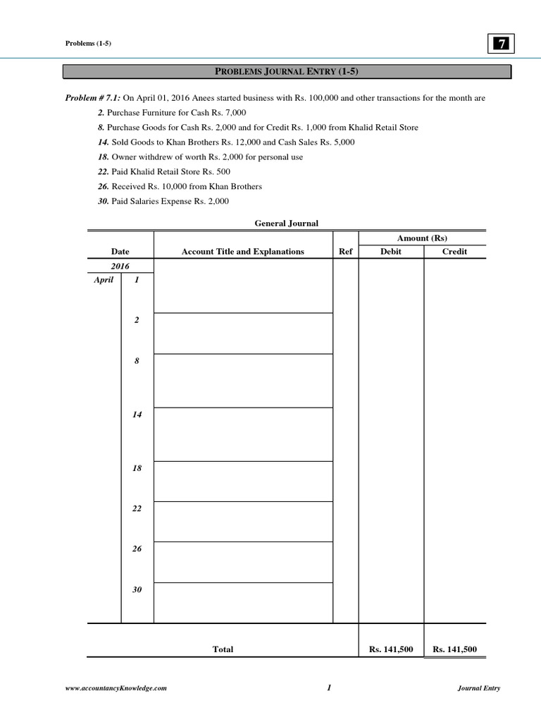 Journal Entry Problems for Accounting | PDF | Debits And Credits ...