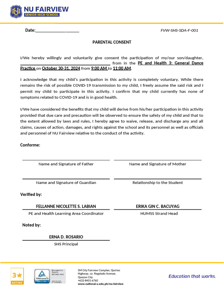 Parental Consent for Dance Practice | PDF | Social Science