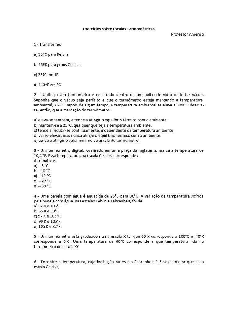 Exercícios sobre Escalas Termométricas | PDF