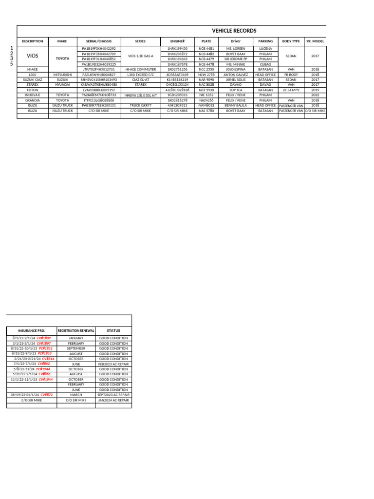 Comprehensive Vehicle Records Overview | PDF | Van | Car