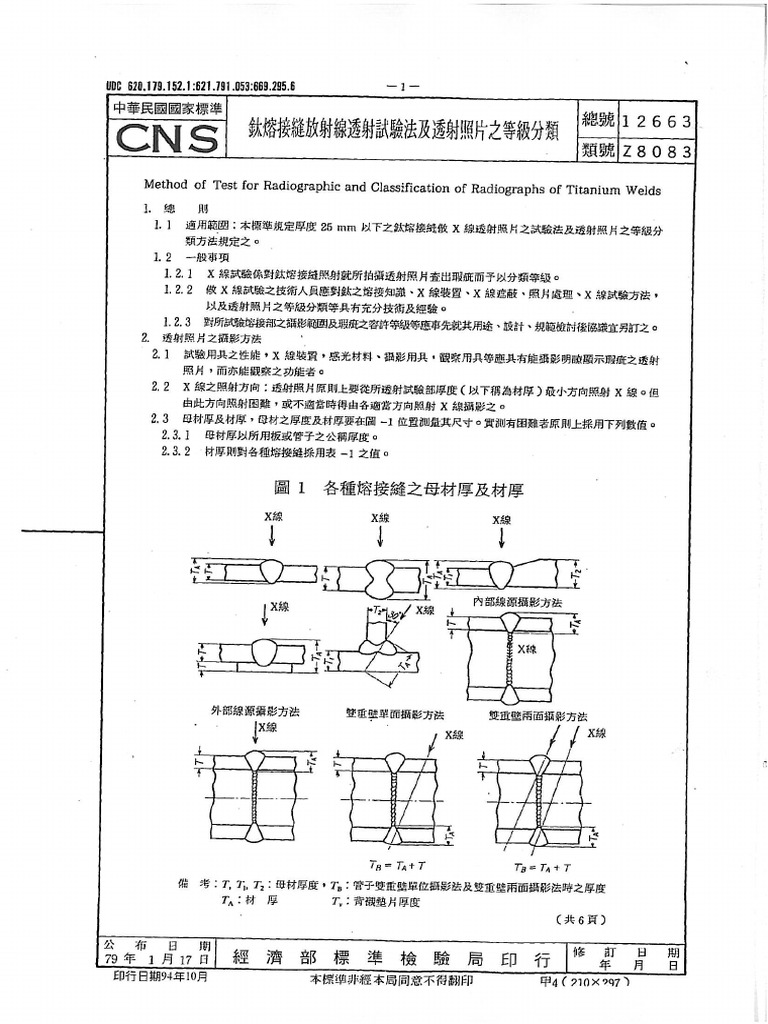 taiwan standard code - 79年版CNS12663Z8083-鈦熔接縫放射線透過試驗法及透射照相之等級分類法 | PDF