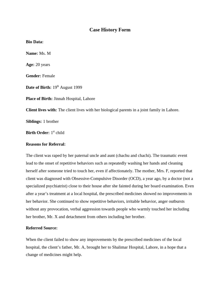 Case History Form2 Pdf Obsessive Compulsive Disorder