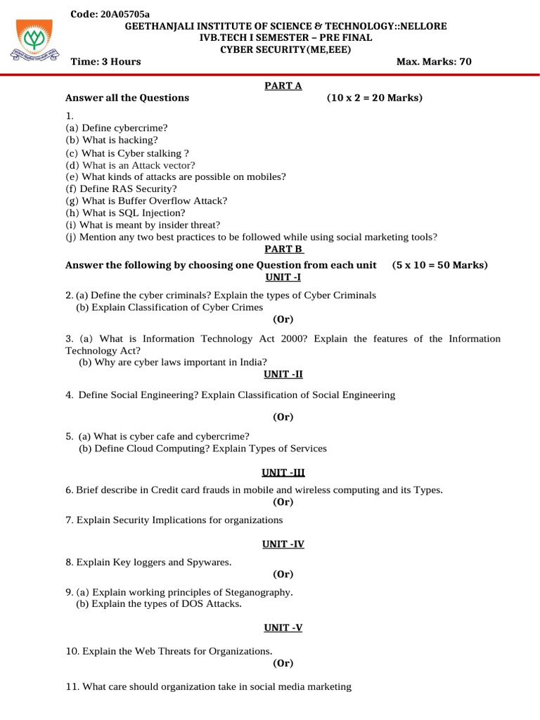 Cyber Security Exam Questions | PDF | Computers | Technology & Engineering