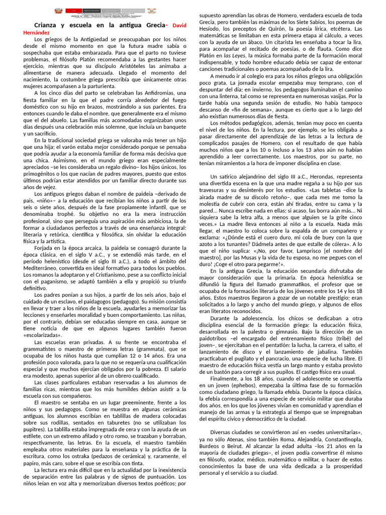 Crianza y educación en la Grecia antigua | PDF | Antigua Grecia | Escuelas
