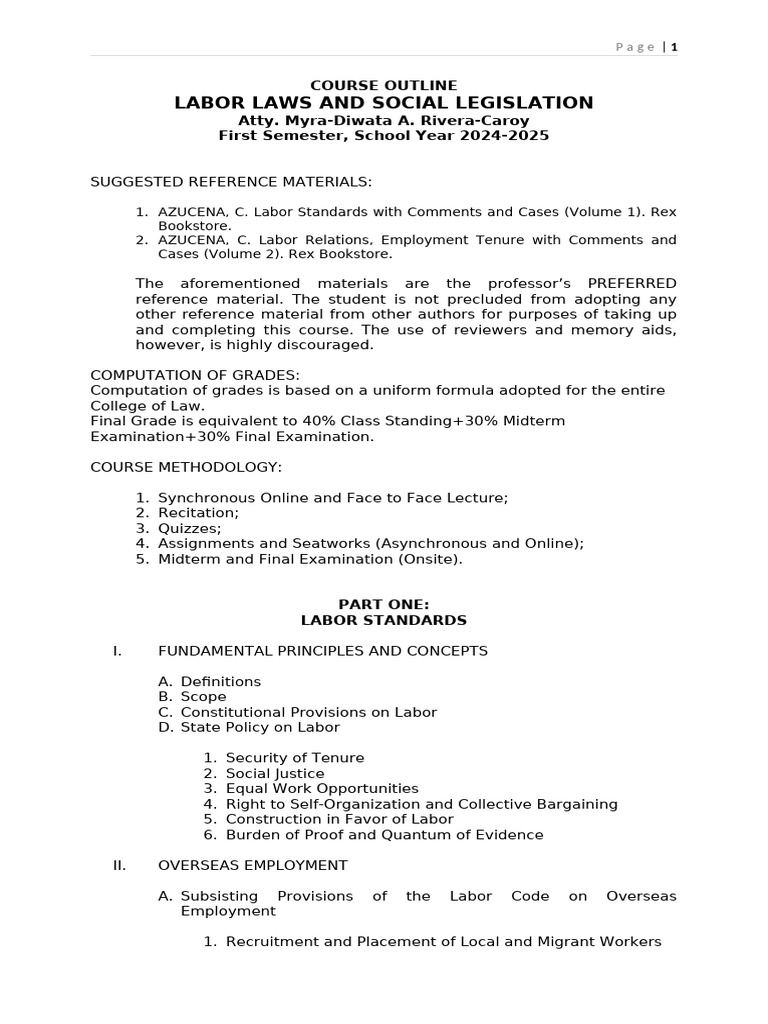 Labor Law and Social Legislation Syllabus | PDF | Employment | Parental ...