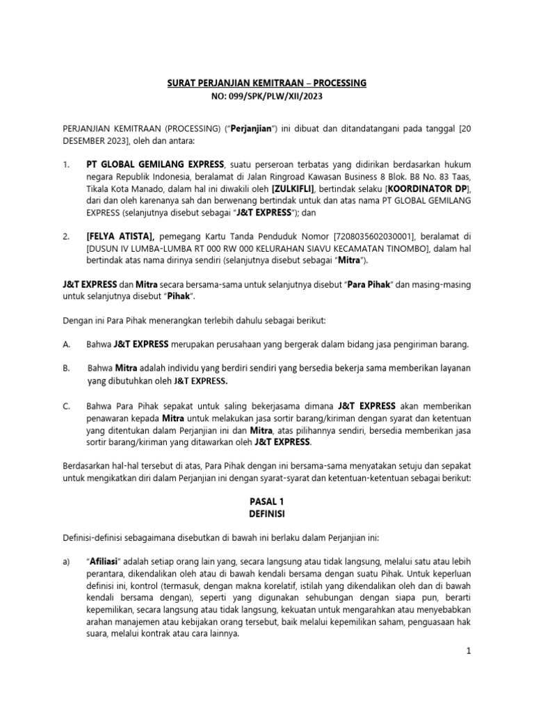 Perjanjian Kemitraan J&T Express 2023 | PDF