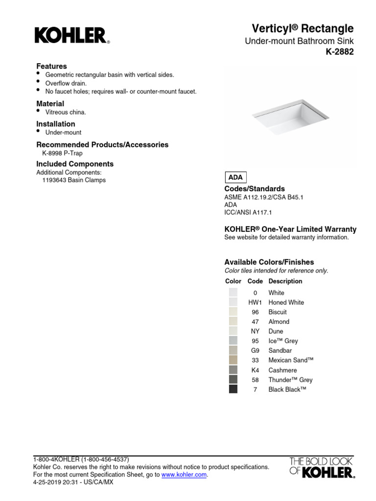 Kohler K-2882 Under-mount Sink Specs | PDF | Sink | Building Materials