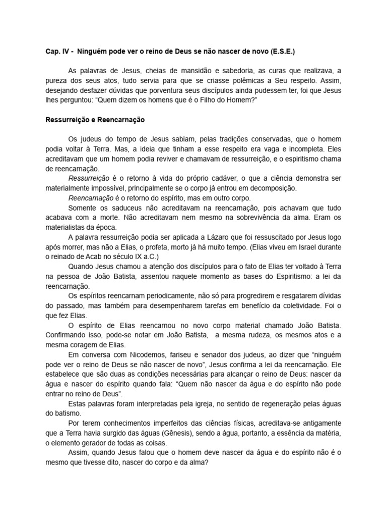 Cap. IV - Ninguém Pode Ver o Reino de Deus Se Não Nascer de Novo (E.S.E ...