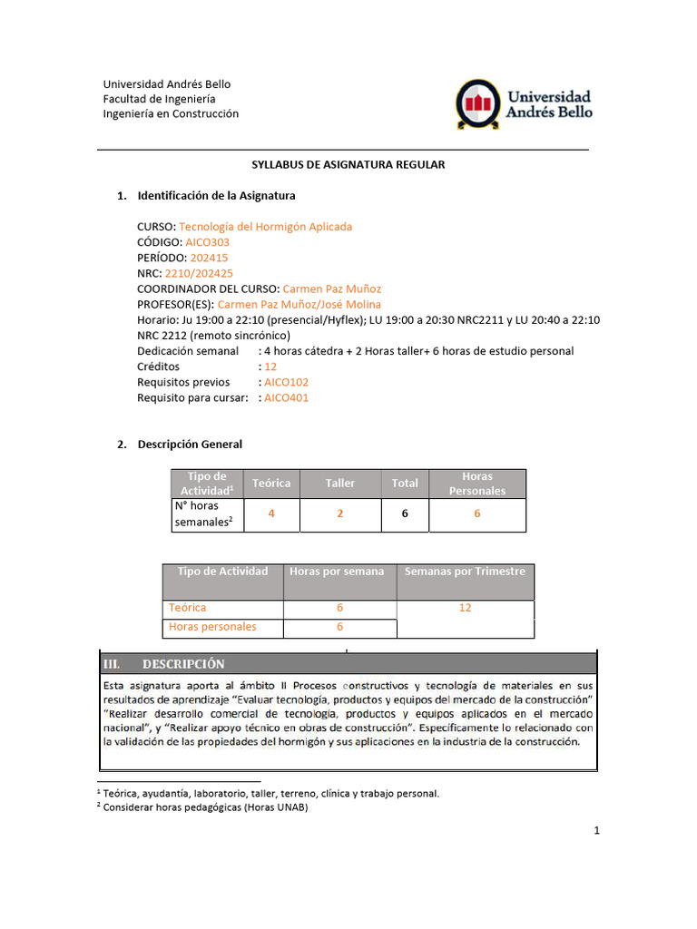 Syllabus Asignatura TEC HOR 202425 | PDF | Hormigón | Ingeniería