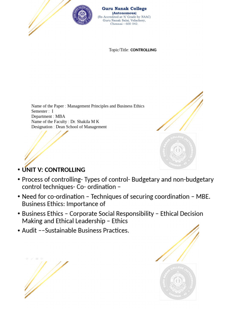 Controlling & Business Ethics in MBA | PDF