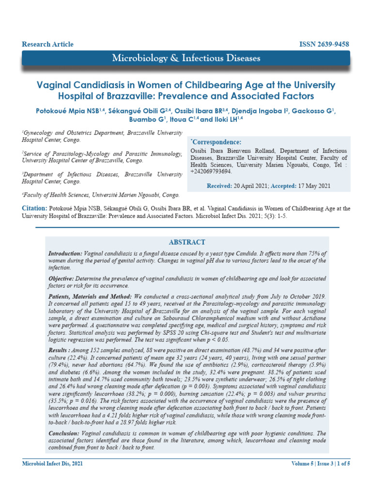 Vaginal Candidiasis Prevalence in Congo | PDF | Candidiasis | Candida ...