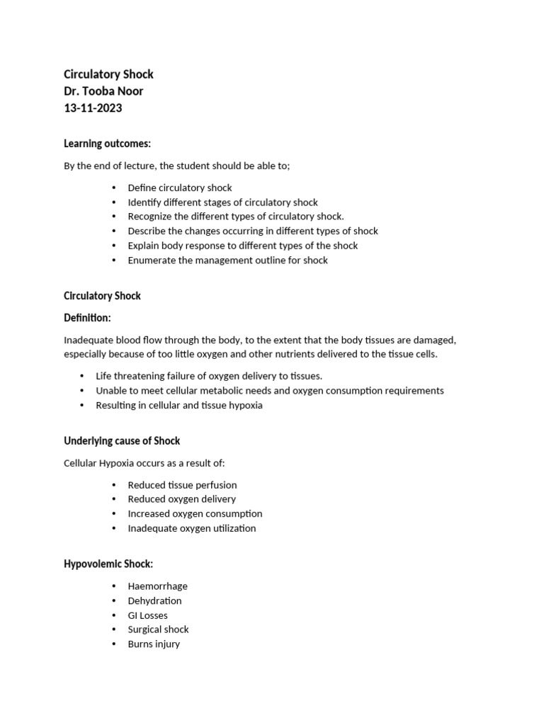Circulatory Shock Notes Pdf Shock Circulatory Ischemia