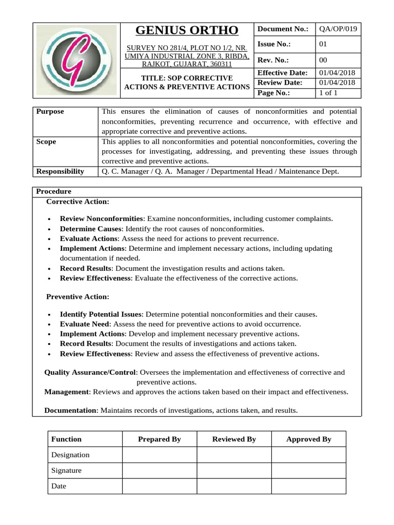 SOP for Corrective & Preventive Actions | PDF | Quality