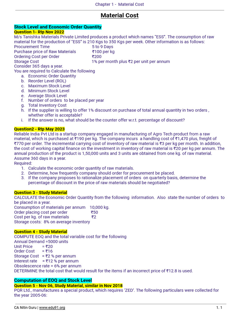 Calculating Raw Material Costs and EOQ | PDF | Inventory | Production ...