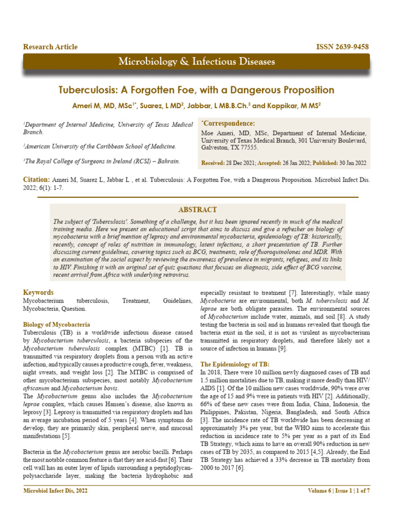 Tuberculosis A Forgotten Foe With A Dangerous Proposition | PDF ...