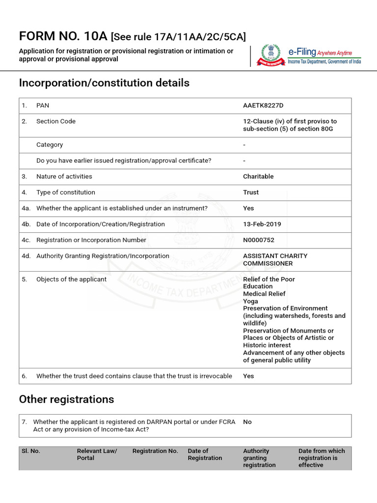 Form 10A Registration Application | PDF | Charitable Organization ...