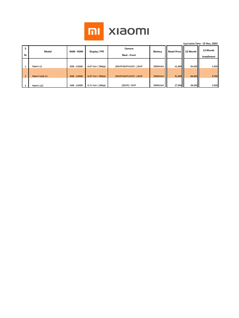 Xiaomi Mobile Installment Rates 15-11-2023 | PDF